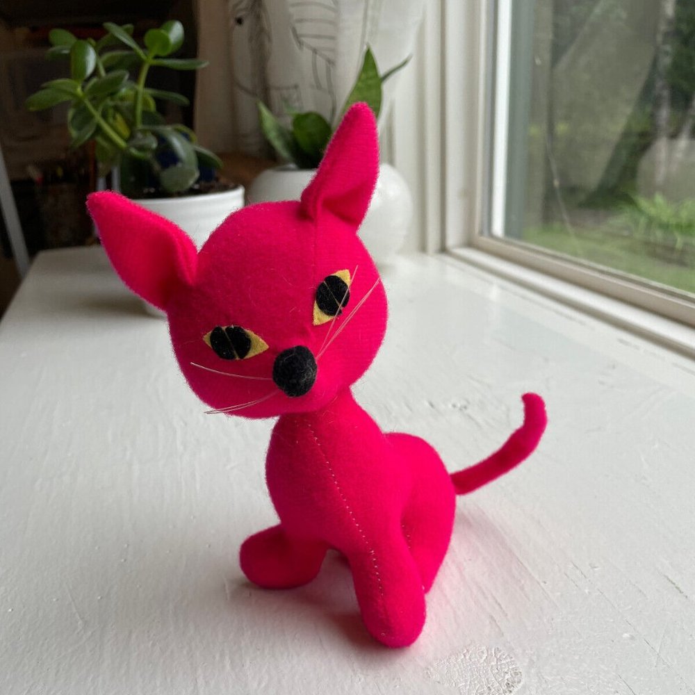 Vtg 60s Montgomery Ward Pink Cat Doll, Adjustable Tail, Taiwan, EUC